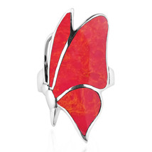 Flying Monarch Butterfly Red Coral Inlay Stone Sterling Silver Ring-10 - £18.98 GBP