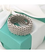 Size 9 Tiffany &amp; Co Sterling Silver Somerset Mesh Weave Unisex Ring - £288.21 GBP
