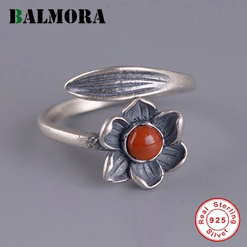 100% Pure 925 Sterling Silver Lotus Flower Ring For Women Red Onyx Carnelian Rin - $28.83