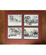4 Vintage B&amp;W Etchings  Prints artwork by Lionel Barrymore, circa 1940s - £35.05 GBP