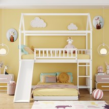 Twin Over Twin Bunk Bed With Slide, House Bed With Slide, White - £348.99 GBP