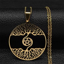 Viking Yggdrasil Pentacle Necklace Stainless Steel Gold Tree of Life Pendant - £14.94 GBP
