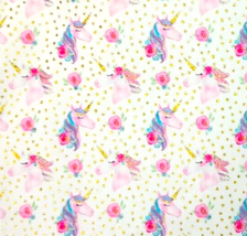 NEW 17 &quot; X 21 &quot; Unicorns Fabric Pink Roses Gold Glitter Cotton Crafts Sewing - £5.50 GBP