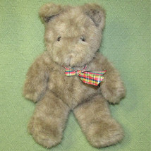 1986 Gund Teddy Bear Plush 16&quot; Vintage Stuffed Animal Tan Furry w/PLAID Ribbon - £27.19 GBP