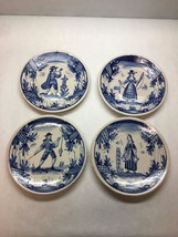 Vintage Set Of 4 Pottery Painted Wall Plates Colonial People Design 2 W Holes - £47.67 GBP