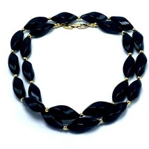 Vintage Napier Jet Black Oval Twist Beads Strand Necklace Gold Spacer 32&quot; Estate - £7.08 GBP