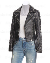 New Woman&#39;s Black Brando Silver Studded Bike Cowhide Leather Jacket Belted-142 - £259.48 GBP