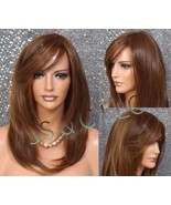 Auburn Mix Human hair Blend Wig Straight Off side parting with full Bang... - $1,678.11 MXN