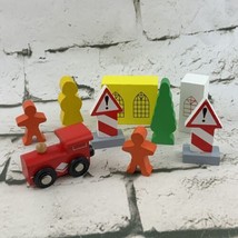 Wooden Railways Signs People Train Buildings Tree Lot Of 9 Pieces Red Yellow - £9.49 GBP