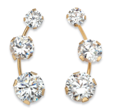 Round White Cz 3 Stone Ear Climber Earrings In Solid 10K Yellow Gold - £161.22 GBP