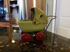 VINTAGE BABY DOLLHOUSE CARRIAGE BUGGY TOY METAL WOODEN STROLLER - $34.95