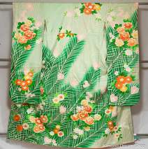 Green Peacock Feathers Filled with Flowers Furisode - Vintage 1960s Silk... - $22.00