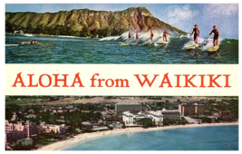 Aloha from Hawaii Split View Surfing Aerial View Waikiki Hawaii Postcard 1959 - £7.87 GBP