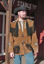 Brown Color Western Style Black Fringes Bone Beaded Genuine Suede Leather Jacket - $176.39