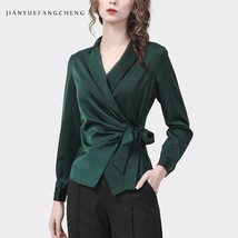 Womens Long Sleeve Green Satin -Up Shirt Crossed V-Neck Elegant Slim Fit Spring  - £138.13 GBP