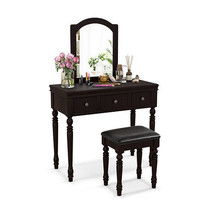 Makeup Vanity Table and Stool Set with Detachable Mirror and 3 Drawers Storage- - £188.35 GBP