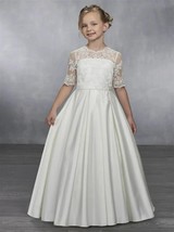 Flower Girl Dress White Satin Lace Half Sleeve Wedding Elegance Communion Dress - £122.33 GBP