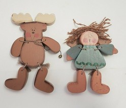 Rustic Wooden Angel &amp; Reindeer Dangling Christmas Ornament Decor 5.5&quot; - £11.96 GBP