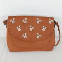 Pink Rose Embroidered Brown Crossbody Purse Magnet Snap Closure Zip Inne... - $15.48