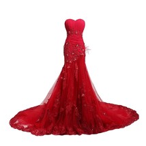 Kivary Wine Red Tulle and Chiffon Mermaid Feathers Floral Beaded Wedding Dresses - £147.92 GBP