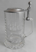 Vintage ALWE W. Germany Etched Glass Stein Grand Trunk Ship w Pewter Lid 1970s - £10.38 GBP