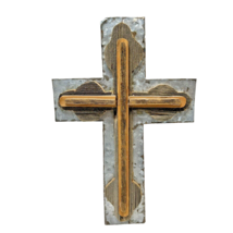 Vintage Handmade Brown Carved Wood and Hammered Metal Cross Wall Hanging 12 x 8&quot; - £16.63 GBP
