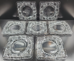 (7) Heisey Ipswich Clear 8&quot; Square Plate Set Vintage Clear Emboss Scroll MCM Lot - £62.31 GBP