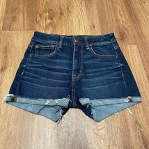 American Eagle Women Hi-Rise Shortie Blue Jean Shorts Dark Wash Raw Hem Cuff 6 - £18.93 GBP