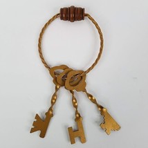 Jailer Keys on Ring Wall Decor 12&quot; Gold Tone Metal Wood Handle Vintage 80s - £10.28 GBP