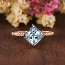 1.25Ct Princess Cut Aquamarine Engagement Wedding Rings in 14K Rose Gold Finish - £62.77 GBP