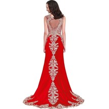 Gold Lace Embroidery Beaded Mermaid Long Sheer Formal Prom Evening Dresses Red U - £107.16 GBP