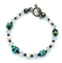 Vintage Sterling Silver Turquoise Heishi Pearl Beaded Bracelet 7.5&quot; - £18.79 GBP