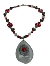 16” Red White and Metallic Beaded Costume Necklace With Chunky Opaque Pendant - £7.05 GBP