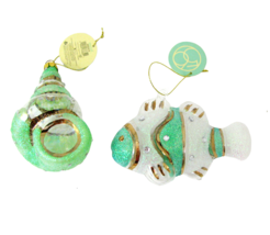 Dept 56 Sea Shell &amp; Fish Blown Glass Christmas Ornament Set Green Glitter Gold - £16.03 GBP