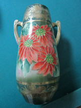 Antique Chinese Vase Poinsettias 12&quot; Nippon Style Two Handles Original - £106.83 GBP