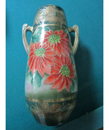 ANTIQUE CHINESE VASE POINSETTIAS 12&quot; NIPPON STYLE TWO HANDLES ORIGINAL - $113.84