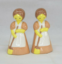 Vintage Ceramic Girls In Aprons With Hair Pulled Back Salt &amp; Pepper Shakers  - £8.75 GBP