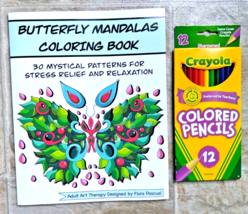 Butterfly Mandalas Coloring Book  Adults 30 Pages &amp; Crayola Coloring Pen... - $9.98