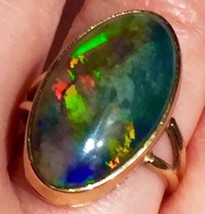 Super! BIG 14k Solid Fire Australian Black Opal October birthstone Antique Ring - £2,391.65 GBP