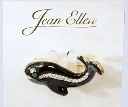 Whale Pin Brooch Enamel with Rhinestones Black with Green Eye NEW by Jean Ellen - £5.75 GBP