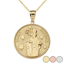 14K Solid Yellow Gold St. Saint Patrick Clovers Medallion Pendant Necklace - £427.39 GBP+