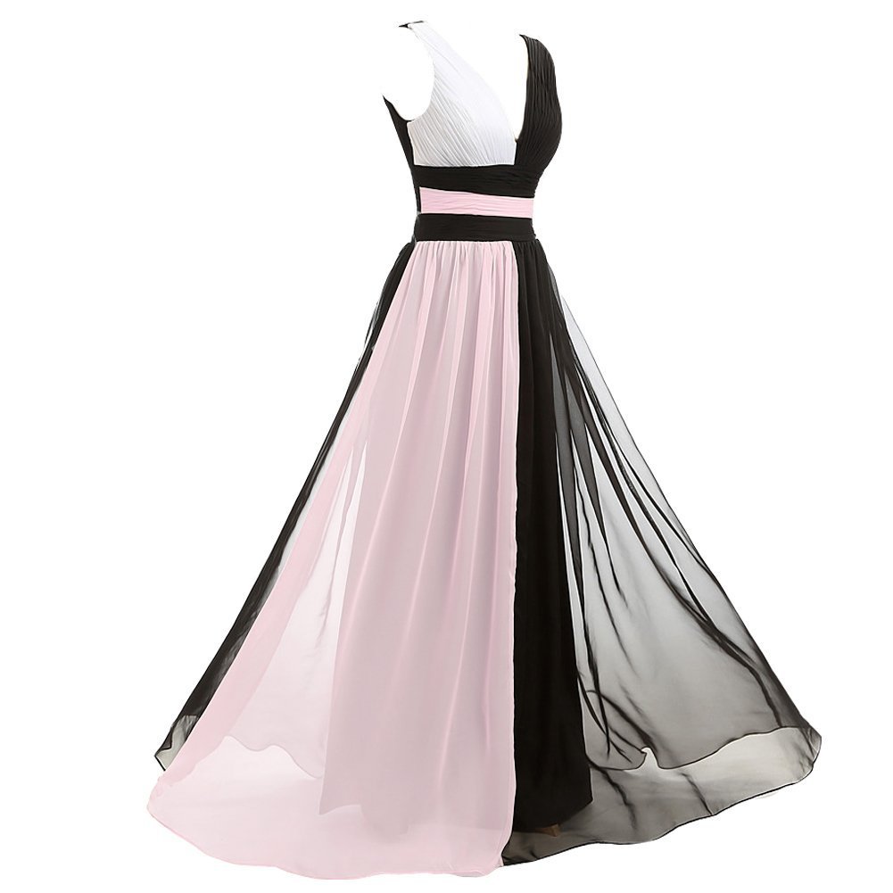 Kivary V Neck Long Black and White Chiffon Pleats Simple Prom Evening Dresses Pi