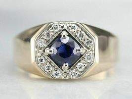 Men&#39;s 0.90Cts Blue Sapphire &amp; Diamond 18k Yellow Gold Over Statement Ring - £95.52 GBP