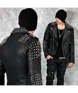 Men&#39;s Black Color Biker Genuine Leather Full Silver Spike Studded Slim J... - £219.33 GBP