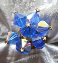 Fabulous Iridescent Blue Cut Glass &amp; Rhinestone Gold-tone Ring 1960s adj... - $12.95