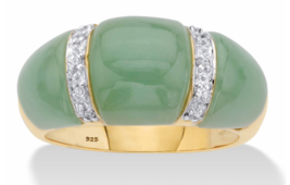 Green Jade White Topaz Dome Gp Ring 14K Gold Sterling Silver 6 7 8 9 10 - £236.06 GBP