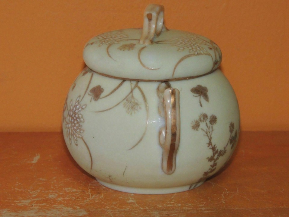 Hand Painted 3" Sugar Bowl marked 1+0 Yellow White flower & Gold Accents Antique Item image 4