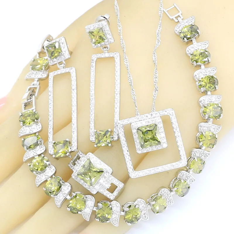 Geometric Olive Green Zircon Silver Color Jewelry Sets For Women Bracelet Neckla - £30.14 GBP