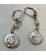 925 Sterling Silver Freshwater Disc Pearls Dangle Latch Back Pierced Ear... - $889.07 MXN