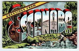 Greetings From Escanaba Michigan Large Letter Postcard Linen Unused Kropp Fish - £8.58 GBP